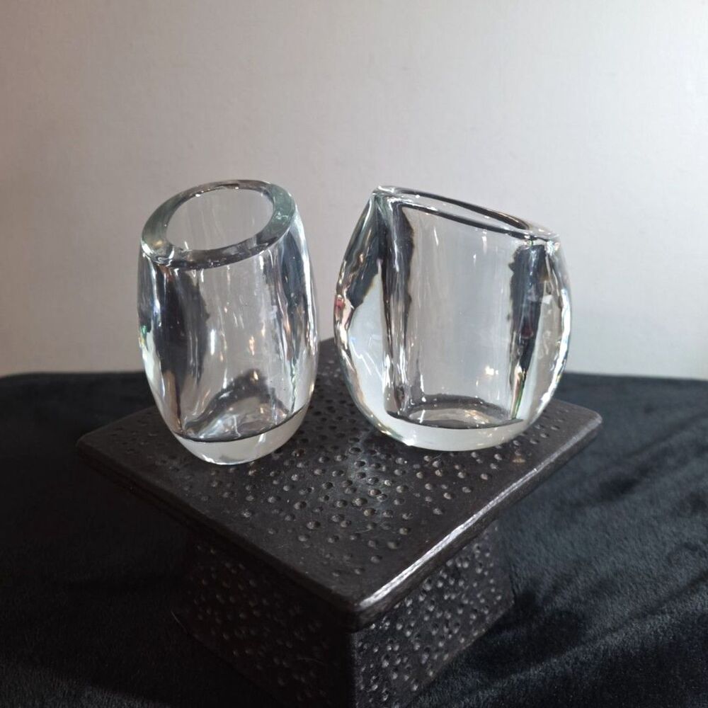 Pair Of 2 Handblown Clear Glass Vase Double Wall Heavy 4” Tall